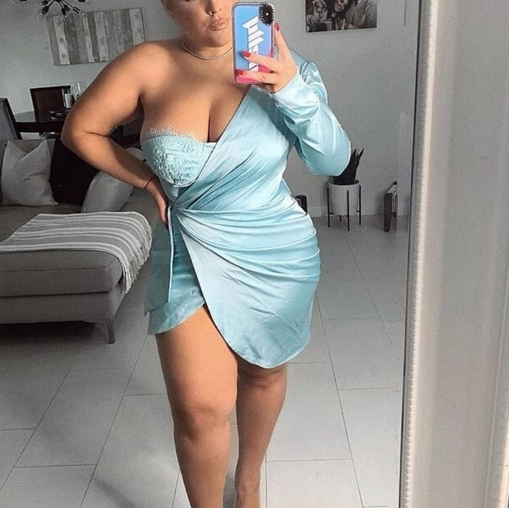 Fashion Nova One-Shoulder Light Blue Dress